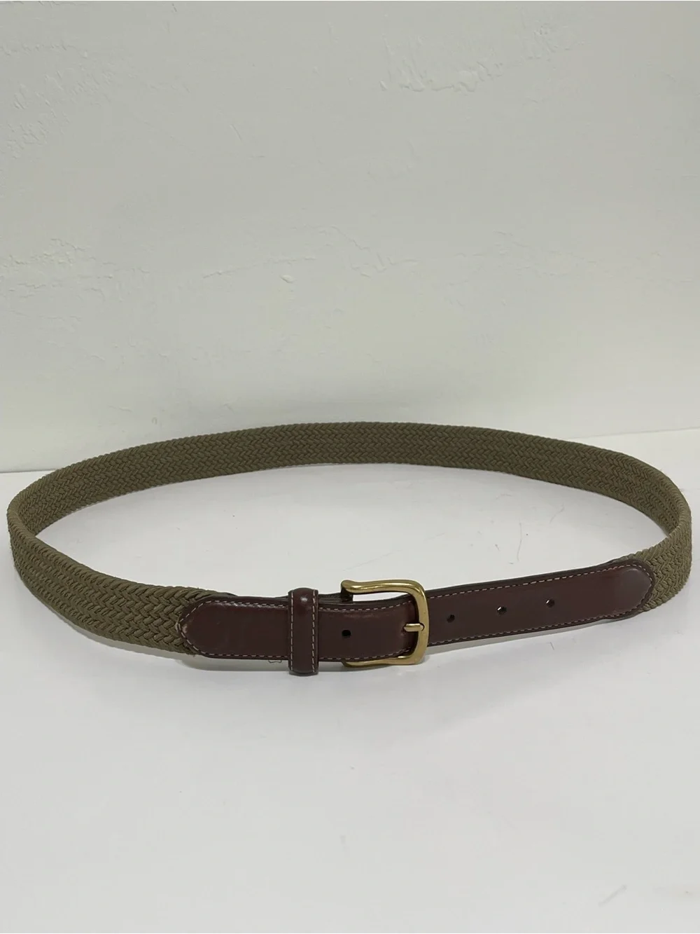 VTG Lands End Olive Green Stretch Belt Leather Trim Solid Brass Buckle Size 44